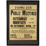 Fianna Fail, 1954 election poster for Public Meetings at Rathdowney and Mountrath, 23" x 17" (58 x