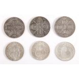 Coins. Three Victorian double florins and three George V half-crowns. The double florins all 1887,