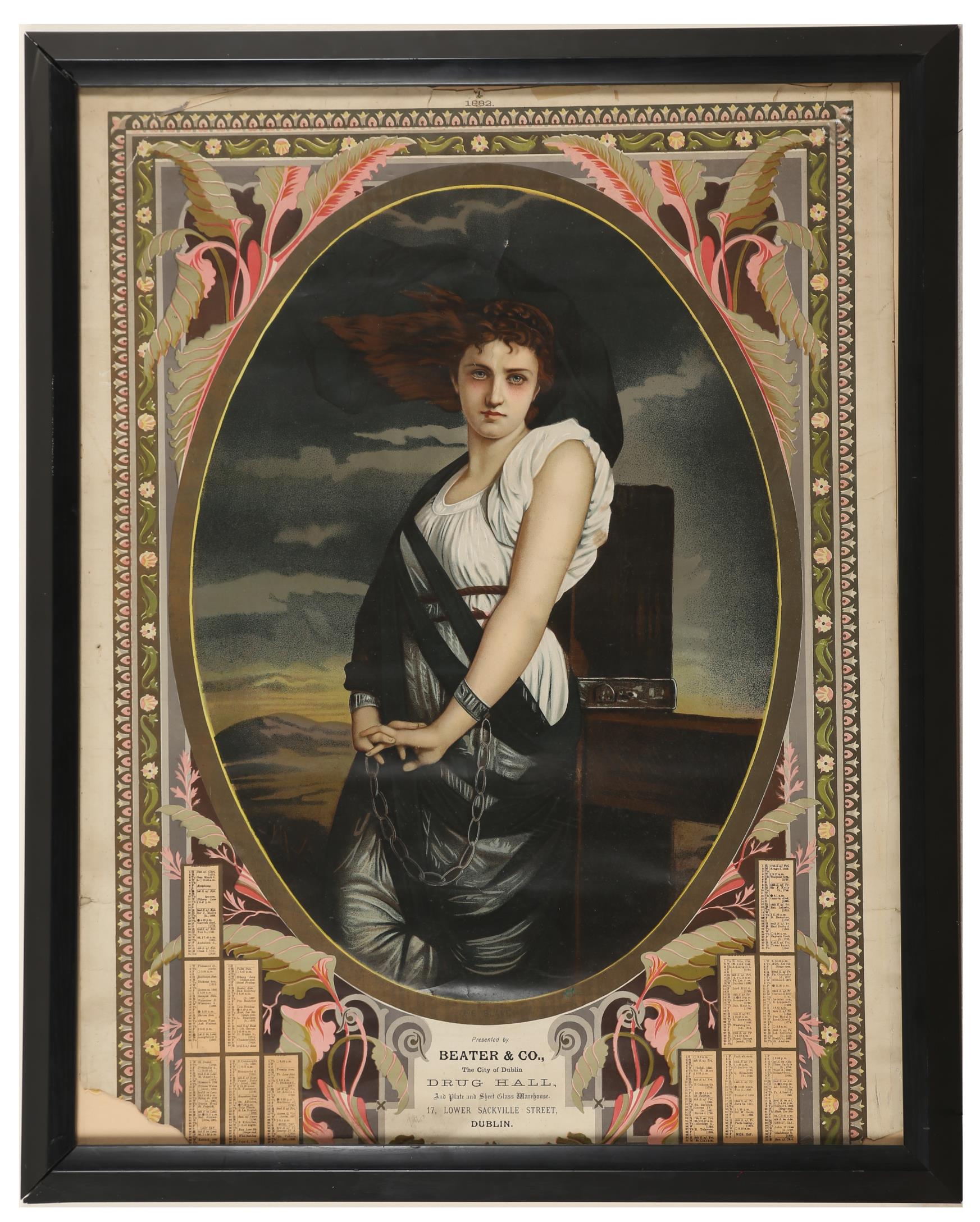 1882 Nationalist colour poster, a woman in chains representing Ireland, above an advertisement for