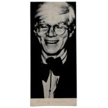 Andy Warhol autograph signature. A photograph of a smiling Warhol signed to the lower margin in blue