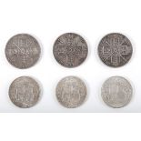 Coins. Three Victorian double florins and three George V half-crowns. The double florins all 1887,