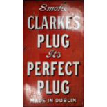 Irish enamelled metal advertising sign, red background with white text, "Smoke - Clarke's - Plug -