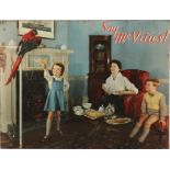 McVitie's printed metal show card. A mother and children having tea in a sitting room with a pet