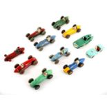 Eleven die-cast racing cars including Dinky Alfa Romeo 23F; Alfa Romeo 232; HMW 23J; Ferrari 234;