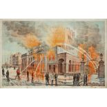 Theatre Royal, Hawkins Street, Dublin in flames with firemen fighting the blaze, 9 February 1880,