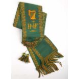 Irish National Foresters sash. A green poplin sash, the borders embroidered with gold shamrock and