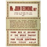 1914-18 Great War, recruiting poster issued in Ireland, "Mr John Redmond M.P. - Civilization and