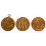 Two Victorian and a George V half-sovereigns, 1892, 1899 & 1912. The 1899 example with suspension