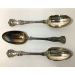 Three assorted silver tablespoons including two Georgian Queens patterned examples, possibly by