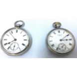 Two assorted silver-cased, open-face pocket watches, both with white enamel dials, Roman numerals