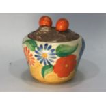 A Clarice Cliff 'Canterbury Bells' Bizarre ware hand painted preserve pot and cover, 8.5cm high