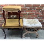 A 19th century walnut framed stool with gold plush seat, raised on slender cabriole supports,