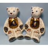 A pair of Royal Crown Derby Alphabet Bears, 'A' and 'J', with printed marks to base, gold stoppers