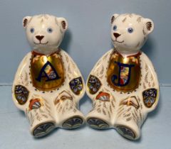 A pair of Royal Crown Derby Alphabet Bears, 'A' and 'J', with printed marks to base, gold stoppers