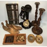 A miniature brass navigational sextant in wooden box, pair of carved wooden barley-twist