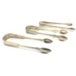Three assorted pairs of Georgian silver sugar tongs, gross weight approximately 4.32ozt