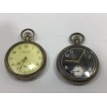 A WWII pocket watch with black dial, Arabic numerals and subsidiary seconds dial, marked to the back