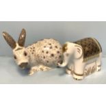 Two Royal Crown Derby paperweights comprising 'English Rabbit Grey' and 'Aura' elephant, both with
