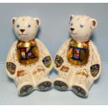A pair of Royal Crown Derby Alphabet Bears, 'T' and 'K', with printed marks to base, gold stoppers
