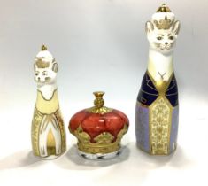 Three Royal Crown Derby paperweights comprising 'Royal Cat George', limited edition 76/450, 'Royal