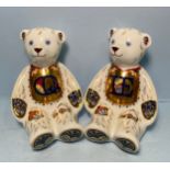 A pair of Royal Crown Derby Alphabet Bears, 'E' and 'Q', with printed marks to base, gold stoppers