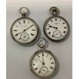 Three various open-face pocket watches, two silver-cased examples, all with white enamel dials,