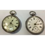 Two silver-cased, open-face pocket watches, both with white enamel dials, Roman numerals denoting
