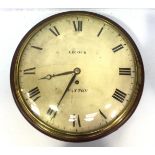 A 19th century mahogany cased circular wall clock, the white enamel dial with Roman numerals