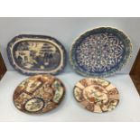 A large 19th century Willow pattern pottery meat platter, a large Iznik style pottery wall charger