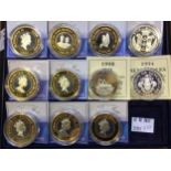 Eleven various silver proof commemorative coins including eight with gold plated rims 'Cook