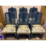 Five standard dining chairs and a carver chair in the Jacobean revival style, painted in blue with