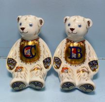 A pair of Royal Crown Derby Alphabet Bears, 'C' and 'B', with printed marks to base, gold stoppers