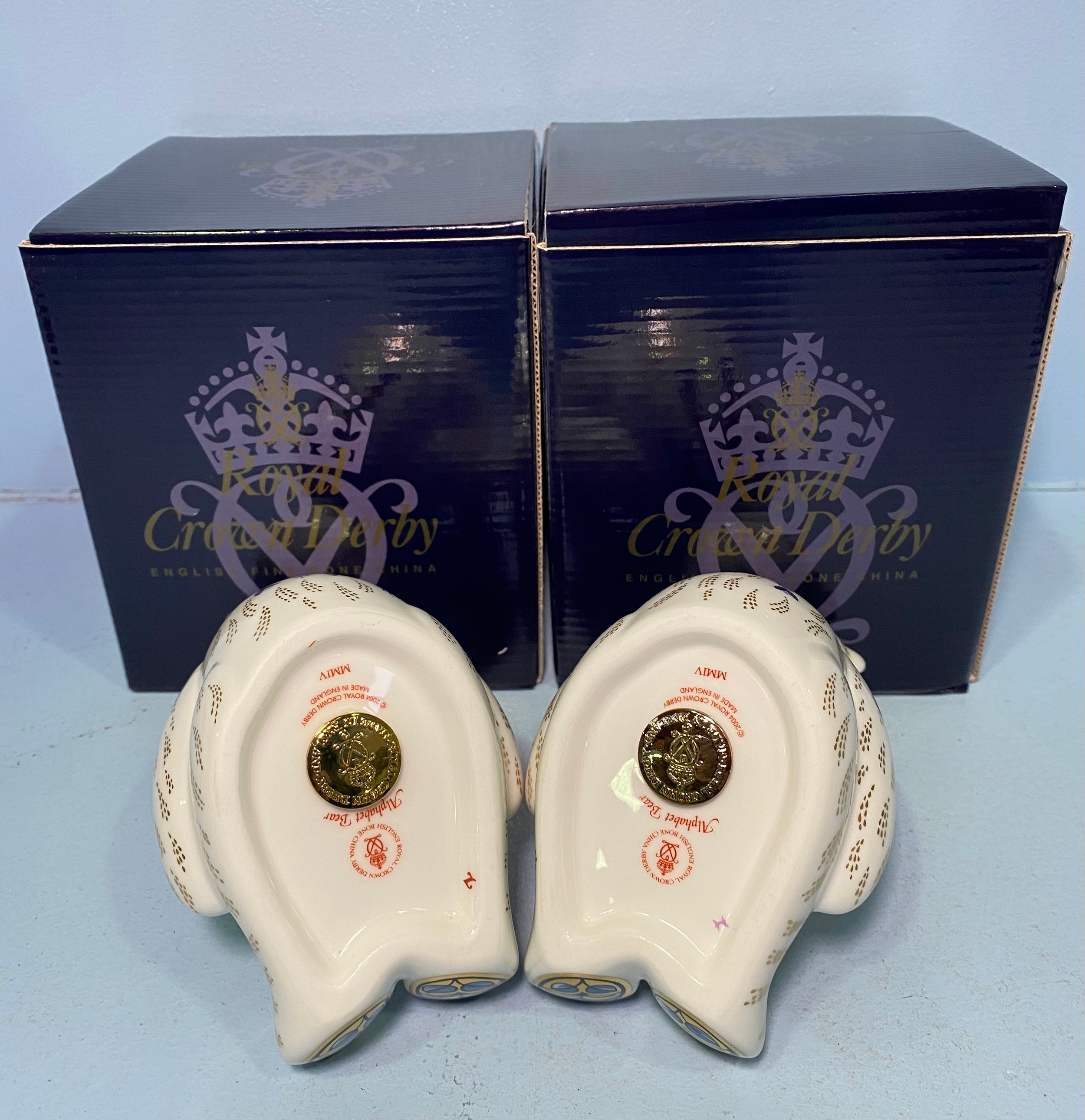 A pair of Royal Crown Derby Alphabet Bears, 'D' and 'H', with printed marks to base, gold stoppers - Image 2 of 2