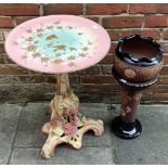 A 19th century pottery table, with circular dished top, gilded with birds amidst blossom, raised