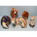Five assorted Royal Crown Derby paperweights comprising 'Christmas Squirrel', gold backstamp pre-
