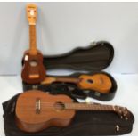 Three various ukuleles including Angelica with hard case, a Clifton soprano, and an Allan Jones