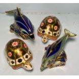 Four assorted sea themed Royal Crown Derby paperweights comprising 'Lime Bay Dolphin', matching '