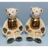 A pair of Royal Crown Derby Alphabet Bears, 'L' and 'F', with printed marks to base, gold stoppers