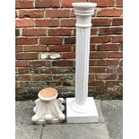 A stone column capital, 27cm tall, together with a composite white pedestal modelled as a