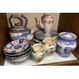 A large Spode 'blue & white' pottery teapot and biscuit jar and cover, together with various