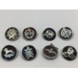 Eight various silver and tortoiseshell effect sweetheart badges / pins including London Scottish,