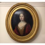 An 18th century school oval half-length portrait of a lady with red velvet dress, unsigned, oil on