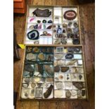 Two large trays of specimen crystals and fossils etc. including Thunder Egg, Agate, Belamite, Sea