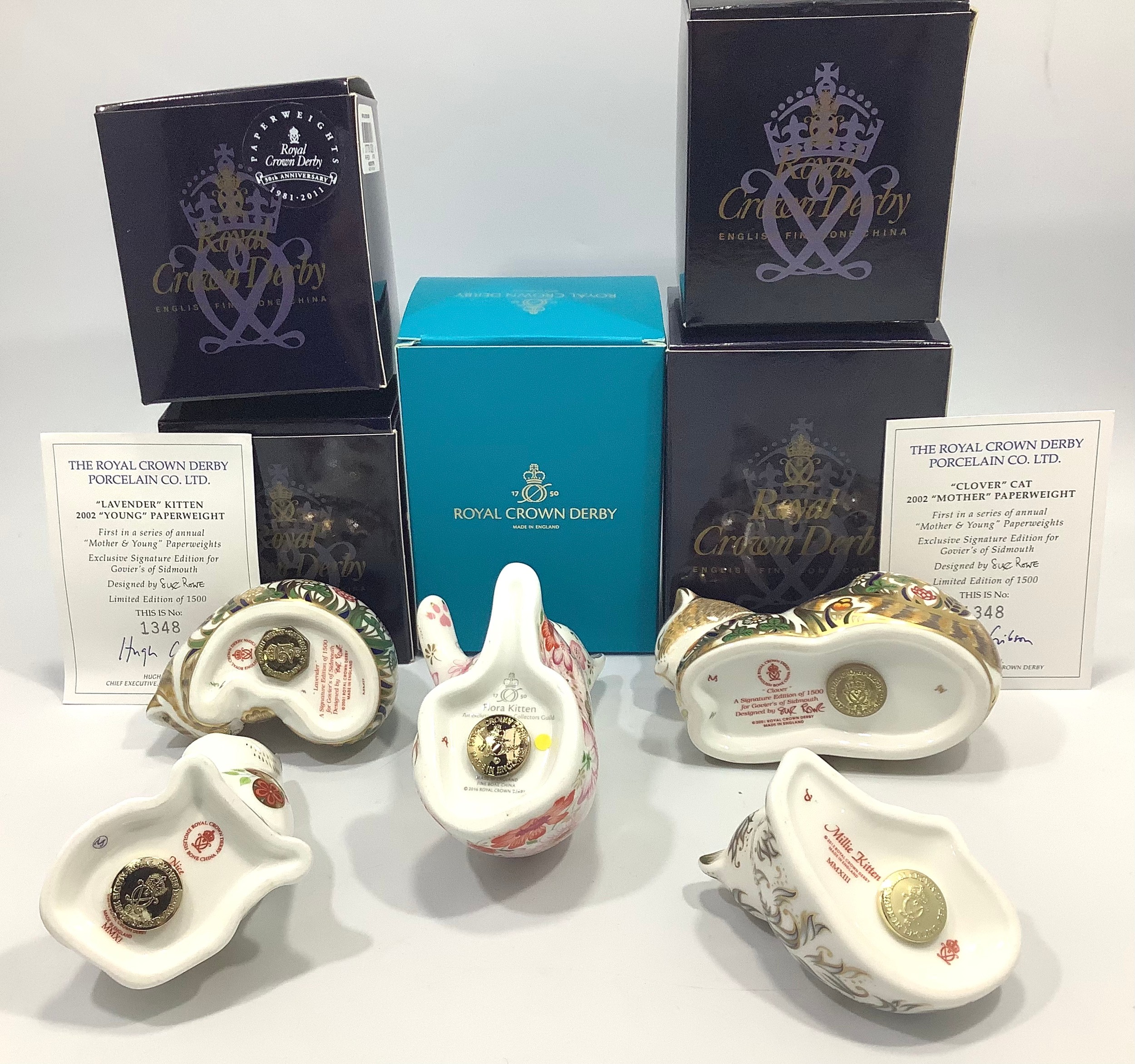 Five assorted Royal Crown Derby Kitten paperweights comprising 'Flora', an exclusive release as part - Image 2 of 2