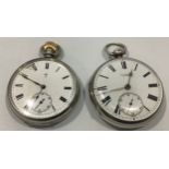 Two various silver-cased open-face pocket watches, both with white enamel dials, Roman numerals