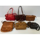 Three identical Radley London leather grab handbags in red, tan, and brown with floral print
