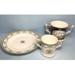 Two Royal Crown Derby loving cups and a plate comprising 'Prestige Christening Loving Cup',