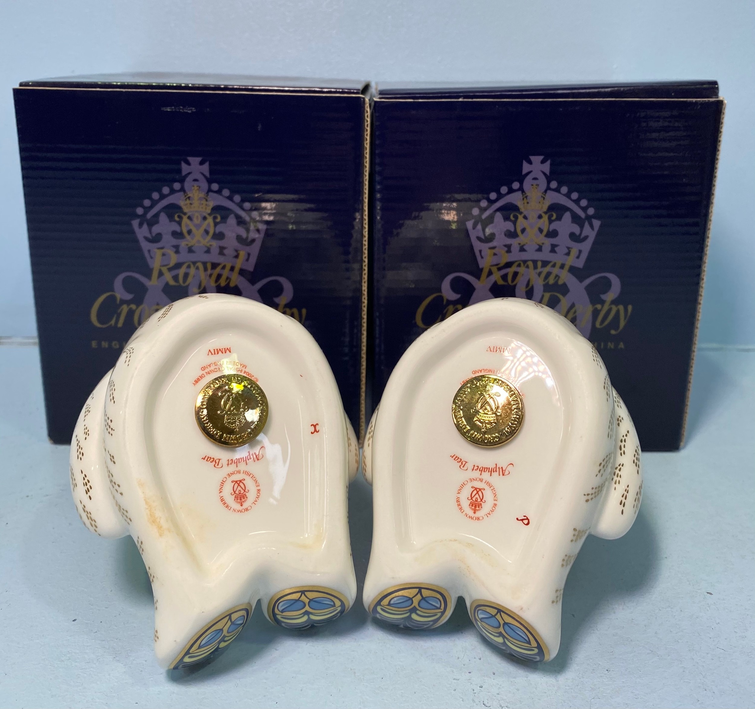 A pair of Royal Crown Derby Alphabet Bears, 'U' and 'L', with printed marks to base, gold stoppers - Image 2 of 2