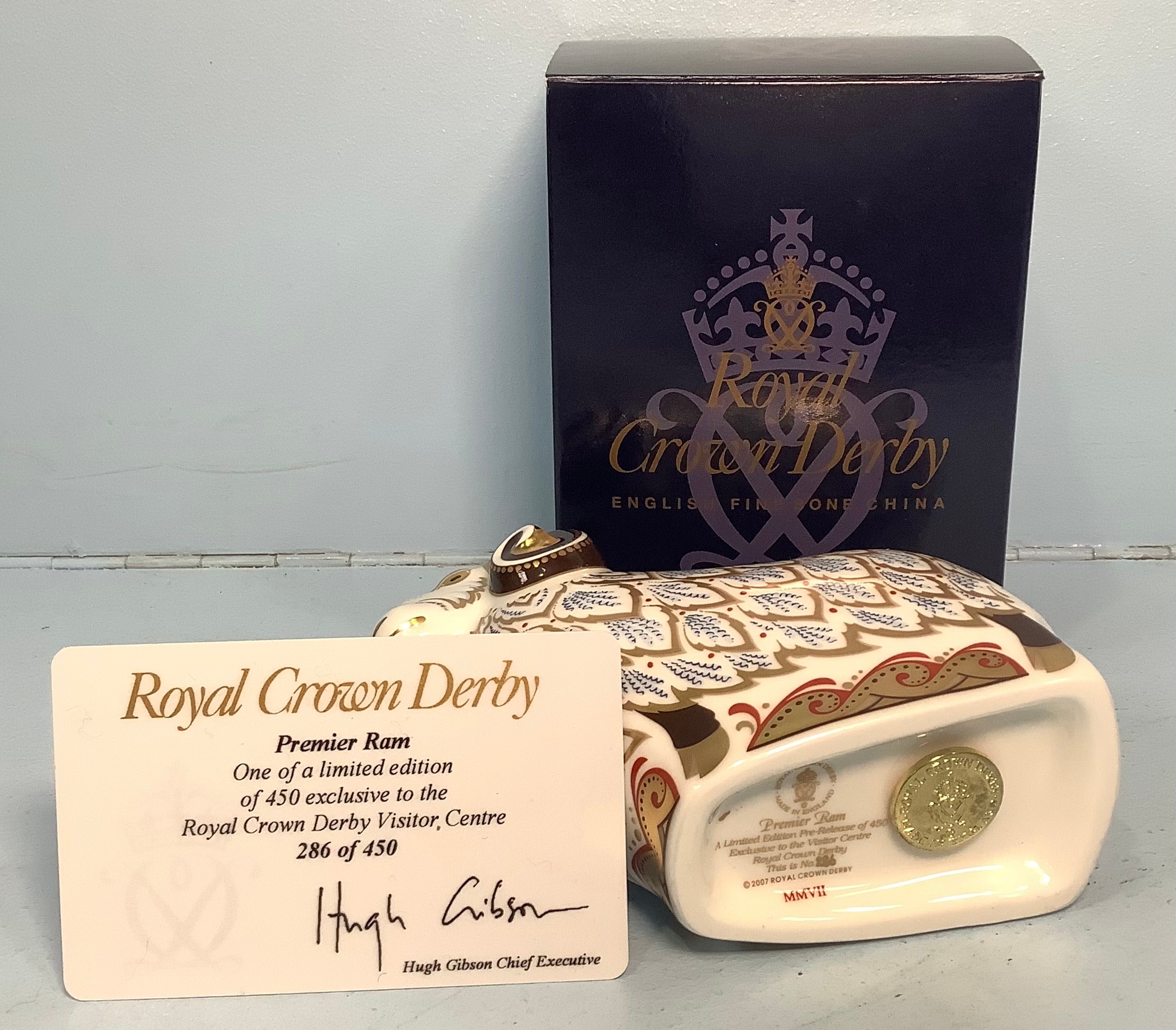 A Royal Crown Derby paperweight 'Premier Ram', limited edition 286/450, with printed marks to base - Image 2 of 2