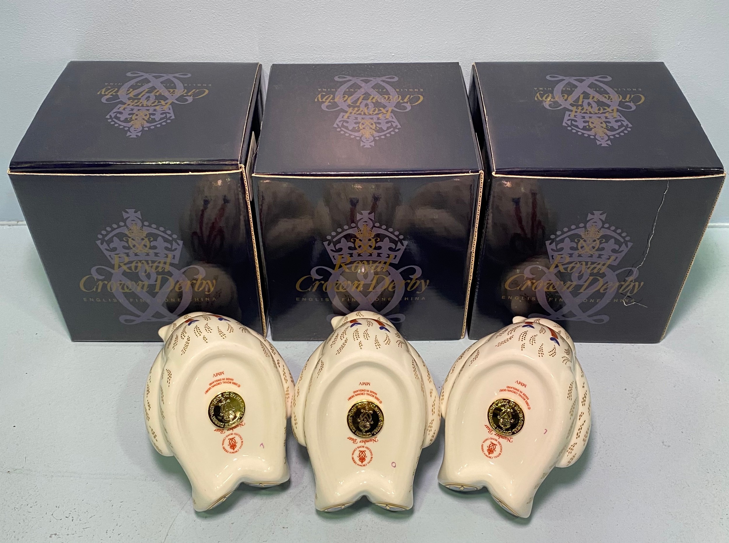 Three Royal Crown Derby Number Bears, '0' and '7' and '8', with printed marks to base, gold stoppers - Image 2 of 2